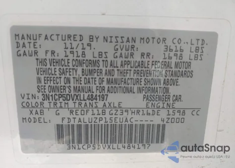 2020 Nissan Kicks Sr Xtronic Cvt z USA, uszkodzony, nr VIN 3N1CP5DVXLL484197